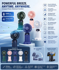 Portable Rechargeable Mini Fan with Digital Display - Foldable 5 Speed Levels
